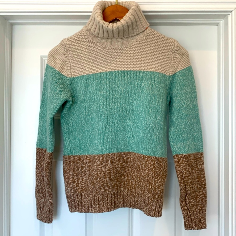 Boden Womens Turtleneck Sweater Wool Marled Color Block Beige Green Size 6